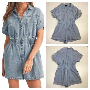 MIOU MUSE Short Cuffed Sleeve Light Wash Short Sleeve JULIE Shorts Denim Romper